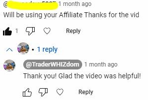 Screenshot of a YouTube comment section with positive feedback about affiliate usage and a reply expressing gratitude.