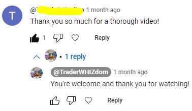 A YouTube comment thanking for a thorough video, with a reply thanking the viewer for watching.