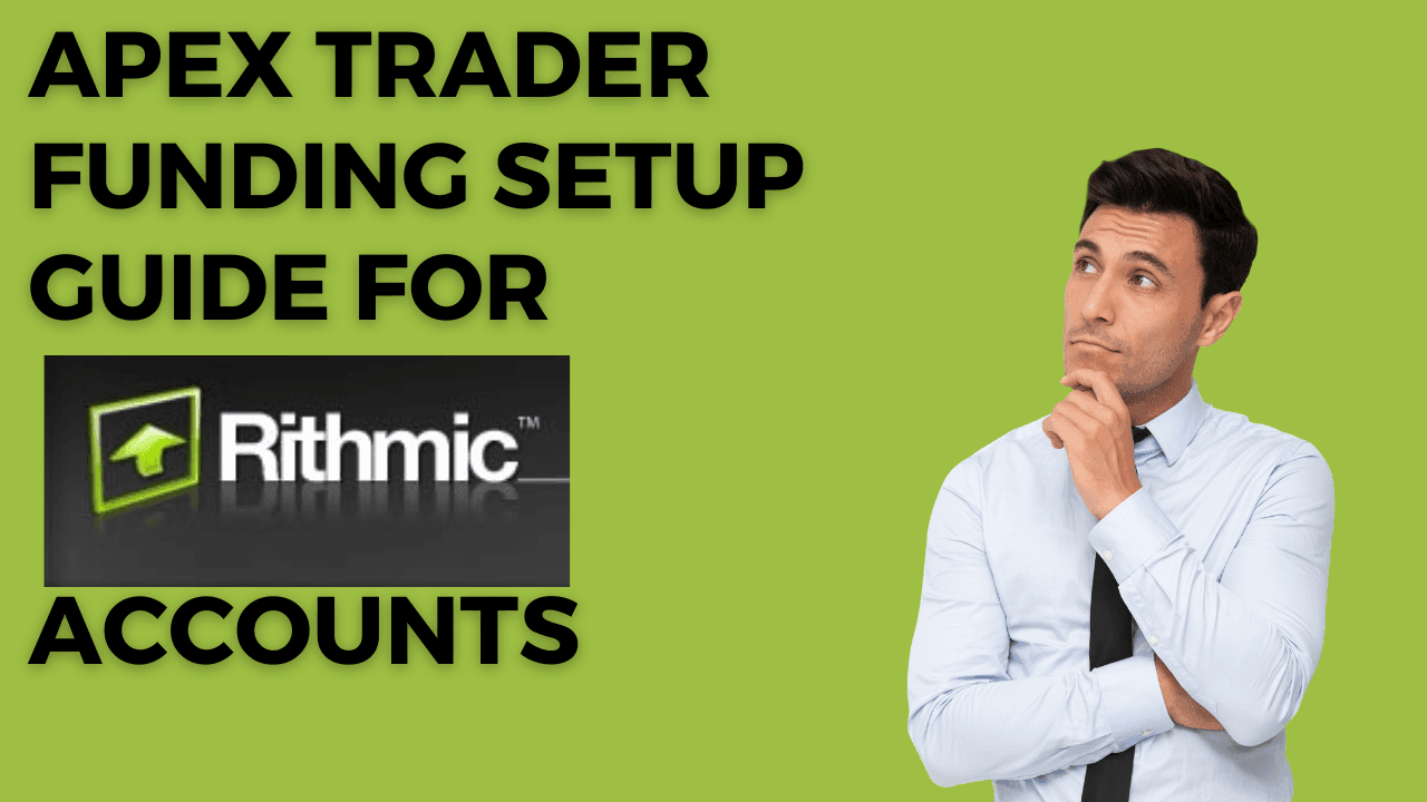 Man thinking beside text about Apex Trader funding setup guide for Rithmic accounts on green background.