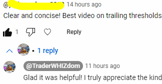 Screenshot of YouTube comments discussing a video on trailing thresholds, with one comment and a reply.