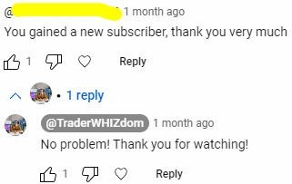 YouTube comments section showing a new subscriber message and the channel's reply thanking the viewer.